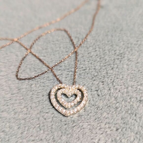 Vintage Sterling Silver & Cubic Zirconia Double Heart Necklace - Picture 5 of 15
